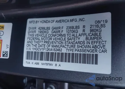 2019 Honda Accord Lx из США, поврежденный, VIN 1HGCV1F12KA152462